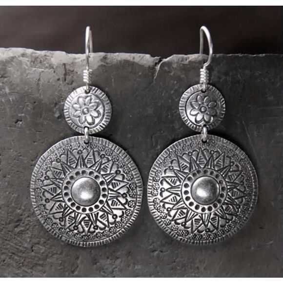 Boho Tribal Flower Round Dangle Earrings - Picture 1 of 4